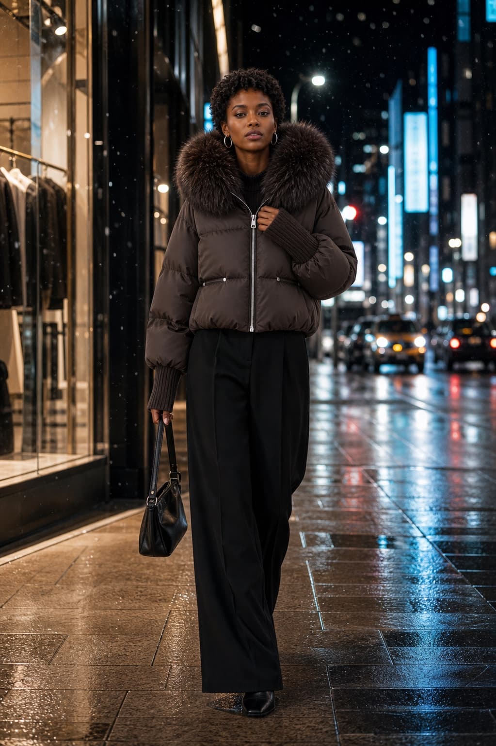 Dark Taupe Fur-Hood Puffer campaign