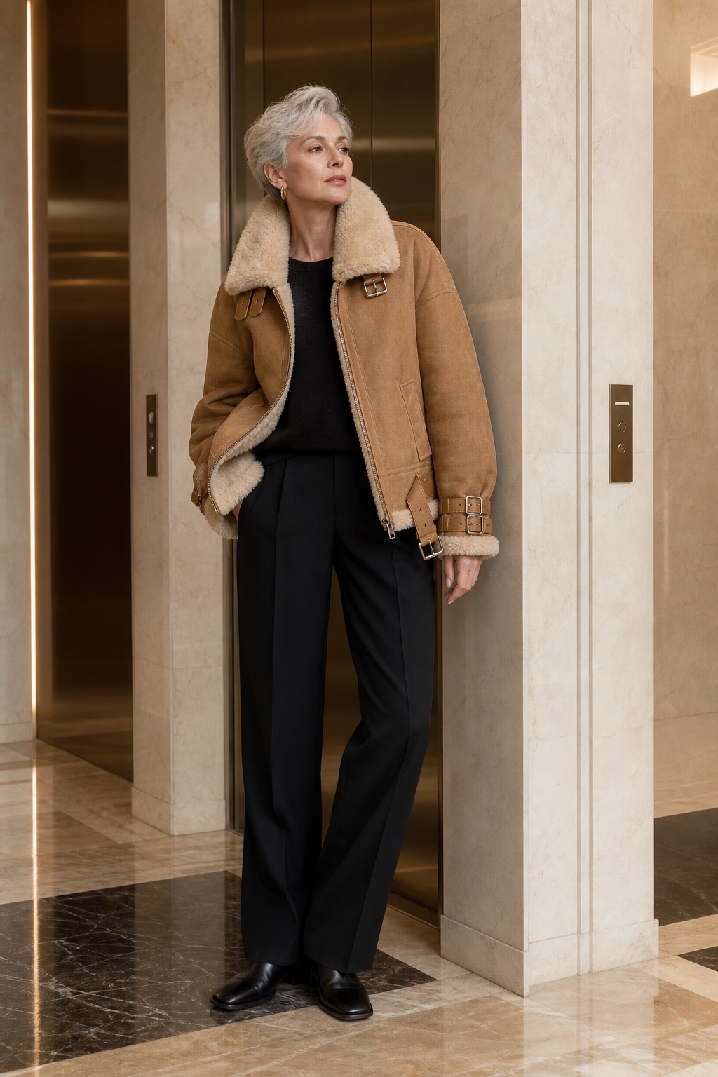 Duo Jia generated premium winter outerwear campaign photo 07: Camel Shearling Aviator Jacket