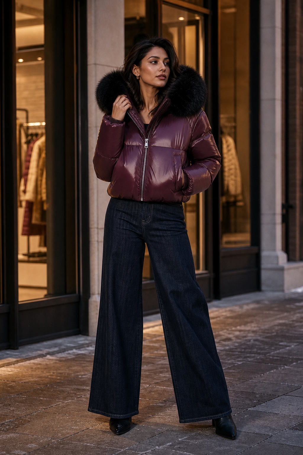 Duo Jia generated premium winter outerwear campaign photo 08: Burgundy Gloss Fur-Hood Puffer
