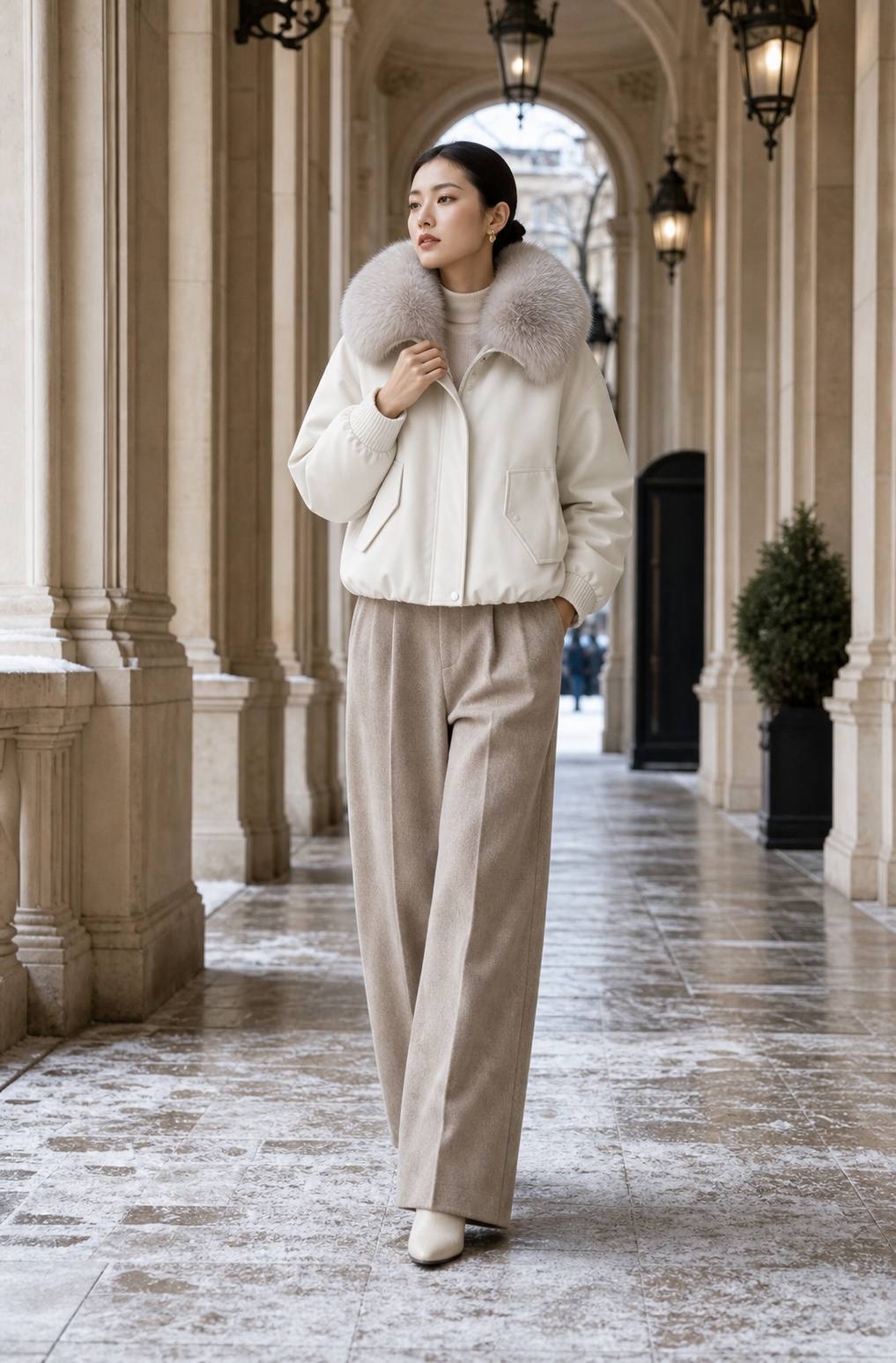 Duo Jia generated premium winter outerwear campaign photo 09: Ivory Cropped Fur-Collar Jacket