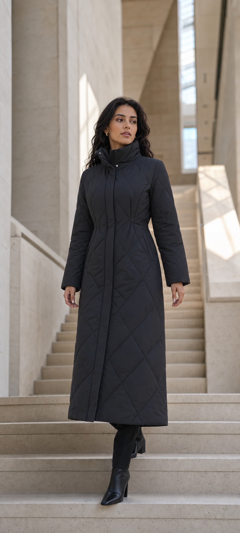 Duo Jia generated premium winter outerwear campaign photo 11: Black Long Quilted Coat