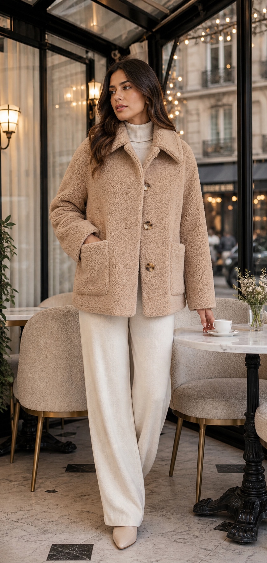 Duo Jia generated premium winter outerwear campaign photo 12: Beige Teddy-Fleece Short Coat